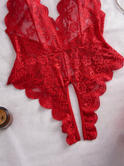 One-Piece Sheer Mesh Crotchless Lace Lingerie Red Black Deep V Plunge Backless Open Design Teddy Fashion Appeal Clothing