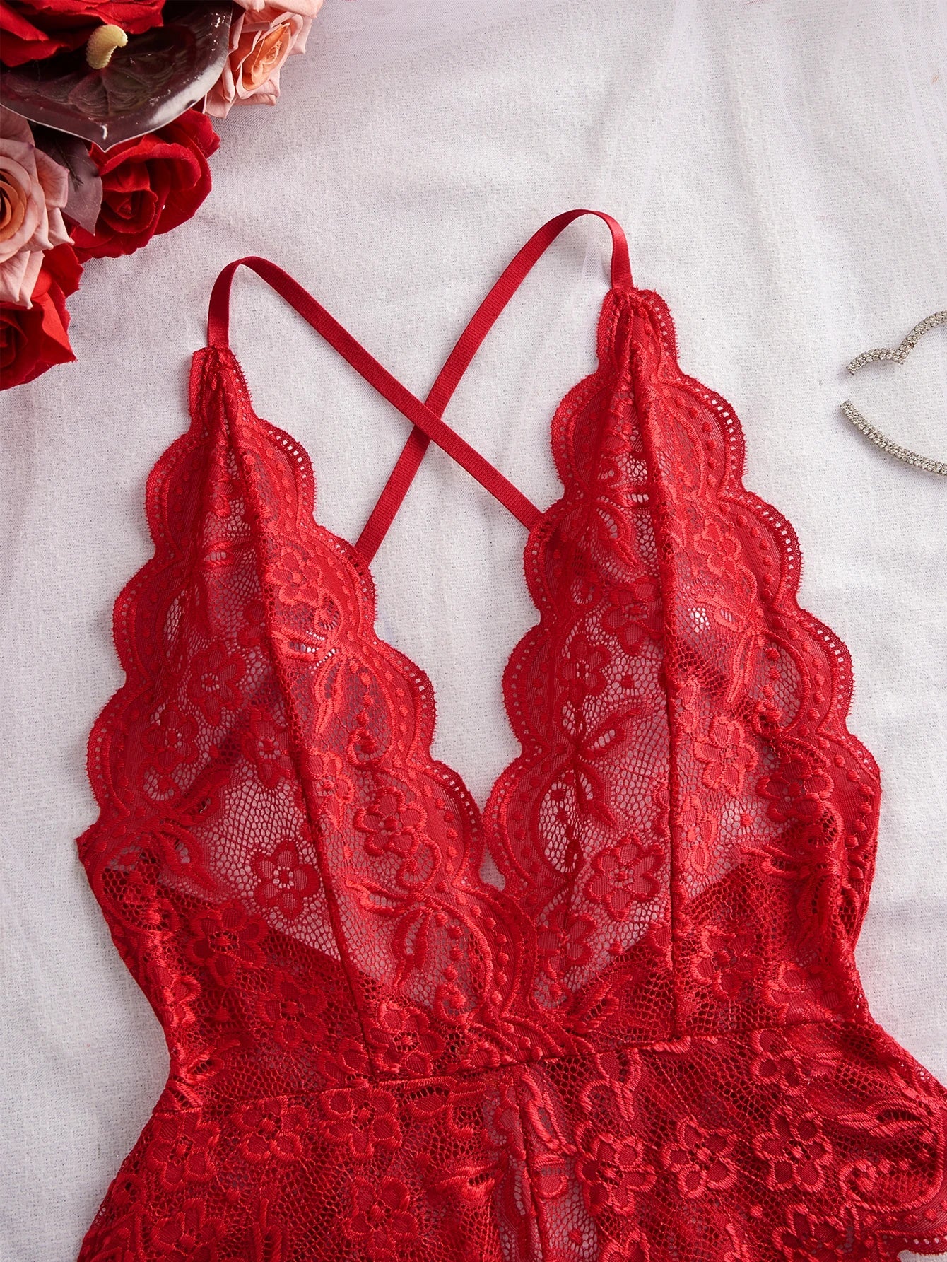 One-Piece Sheer Mesh Crotchless Lace Lingerie Red Black Deep V Plunge Backless Open Design Teddy Fashion Appeal Clothing