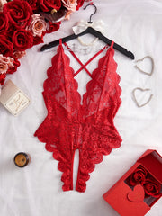 One-Piece Sheer Mesh Crotchless Lace Lingerie Red Black Deep V Plunge Backless Open Design Teddy Fashion Appeal Clothing