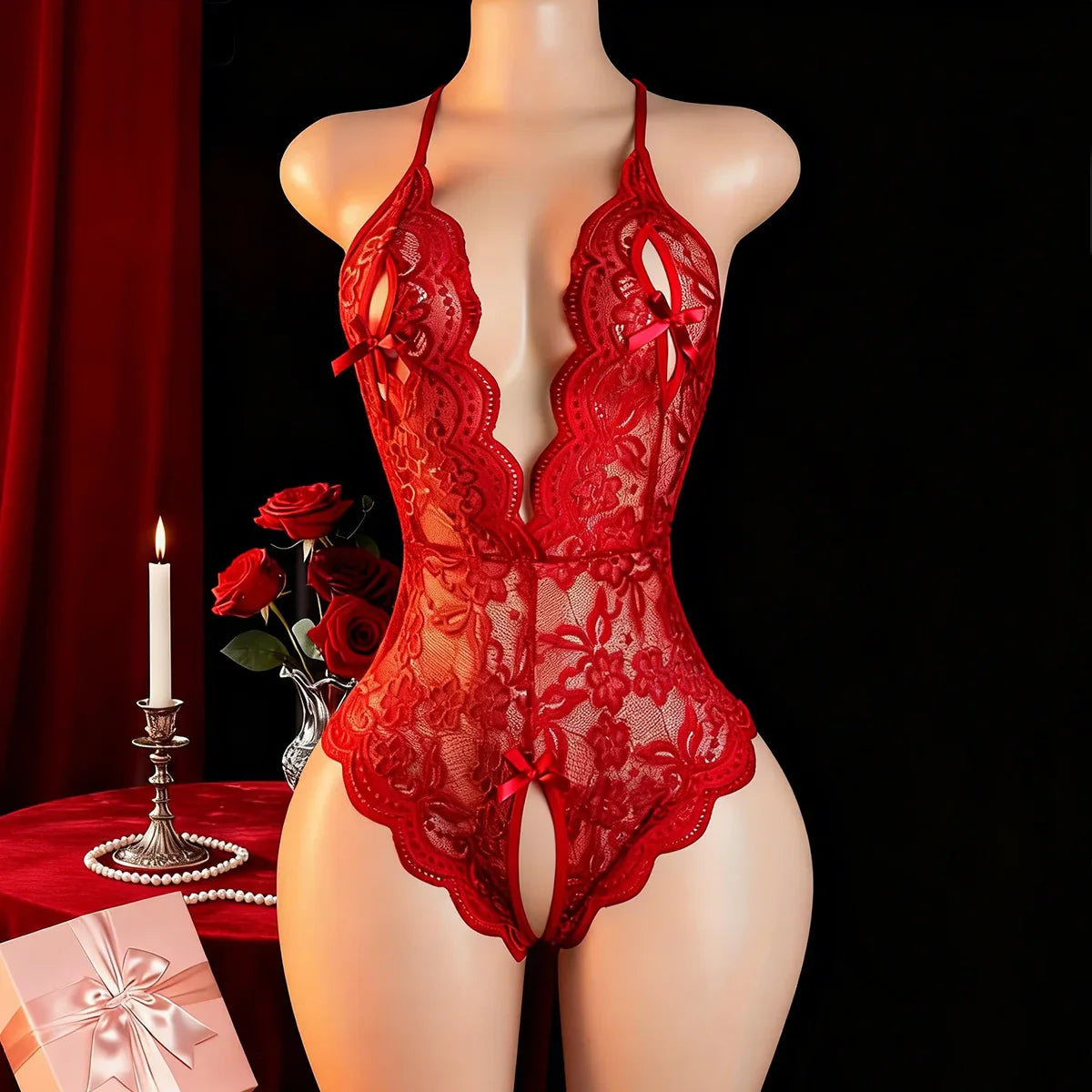 Pajamas Deep V Open Bra Crotchless Hollow Out Bodysuit Dress Black Lingerie Romper Exotic Underwear