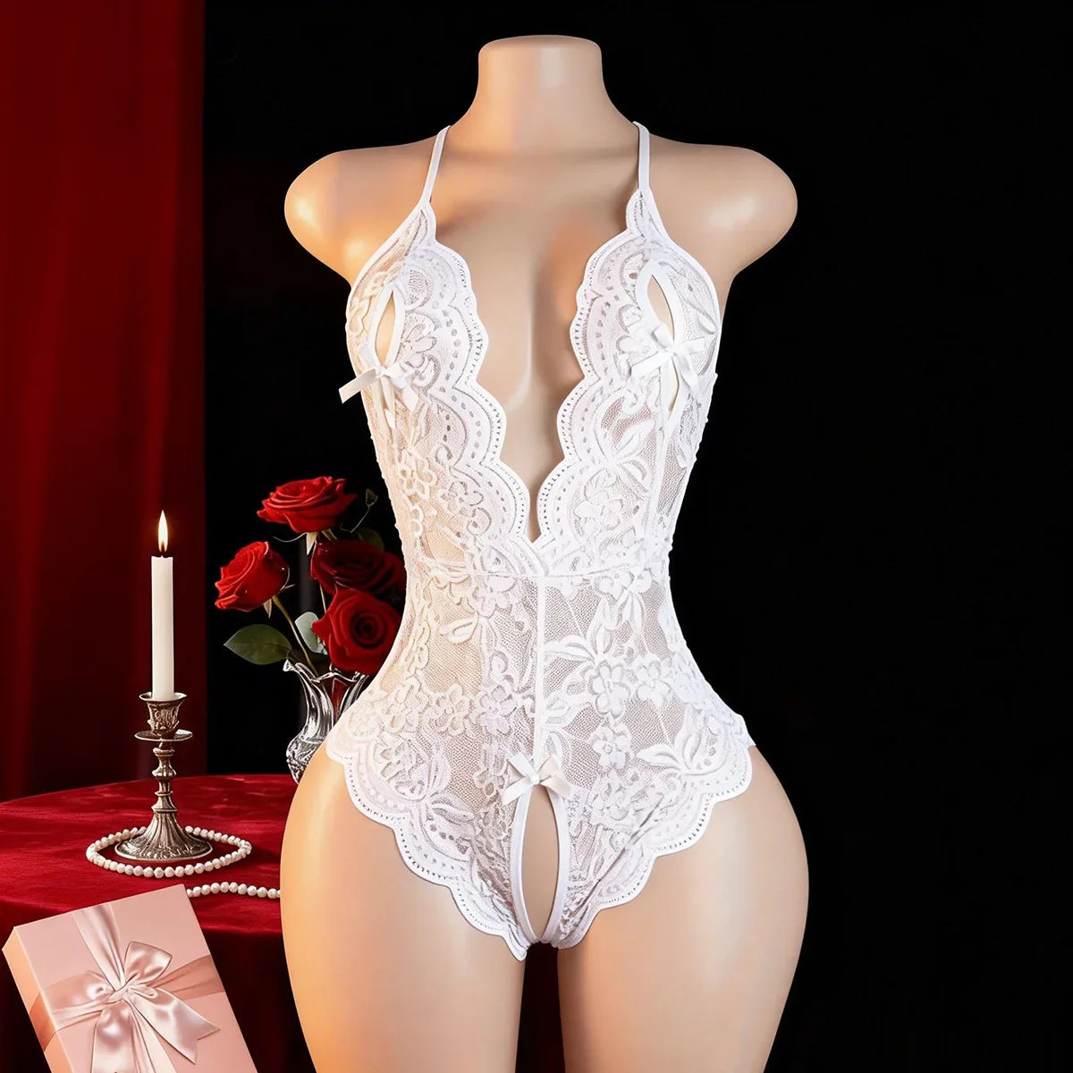 Pajamas Deep V Open Bra Crotchless Hollow Out Bodysuit Dress Black Lingerie Romper Exotic Underwear