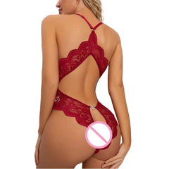 Pajamas Deep V Open Bra Crotchless Hollow Out Bodysuit Dress Black Lingerie Romper Exotic Underwear