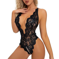 Pajamas Deep V Open Bra Crotchless Hollow Out Bodysuit Dress Black Lingerie Romper Exotic Underwear