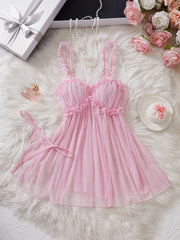 Perspective Mesh Nightdress Bow Wrapped Around Chest Pink Babydoll With Thong Erotic Lingerie Valentine Day Gift