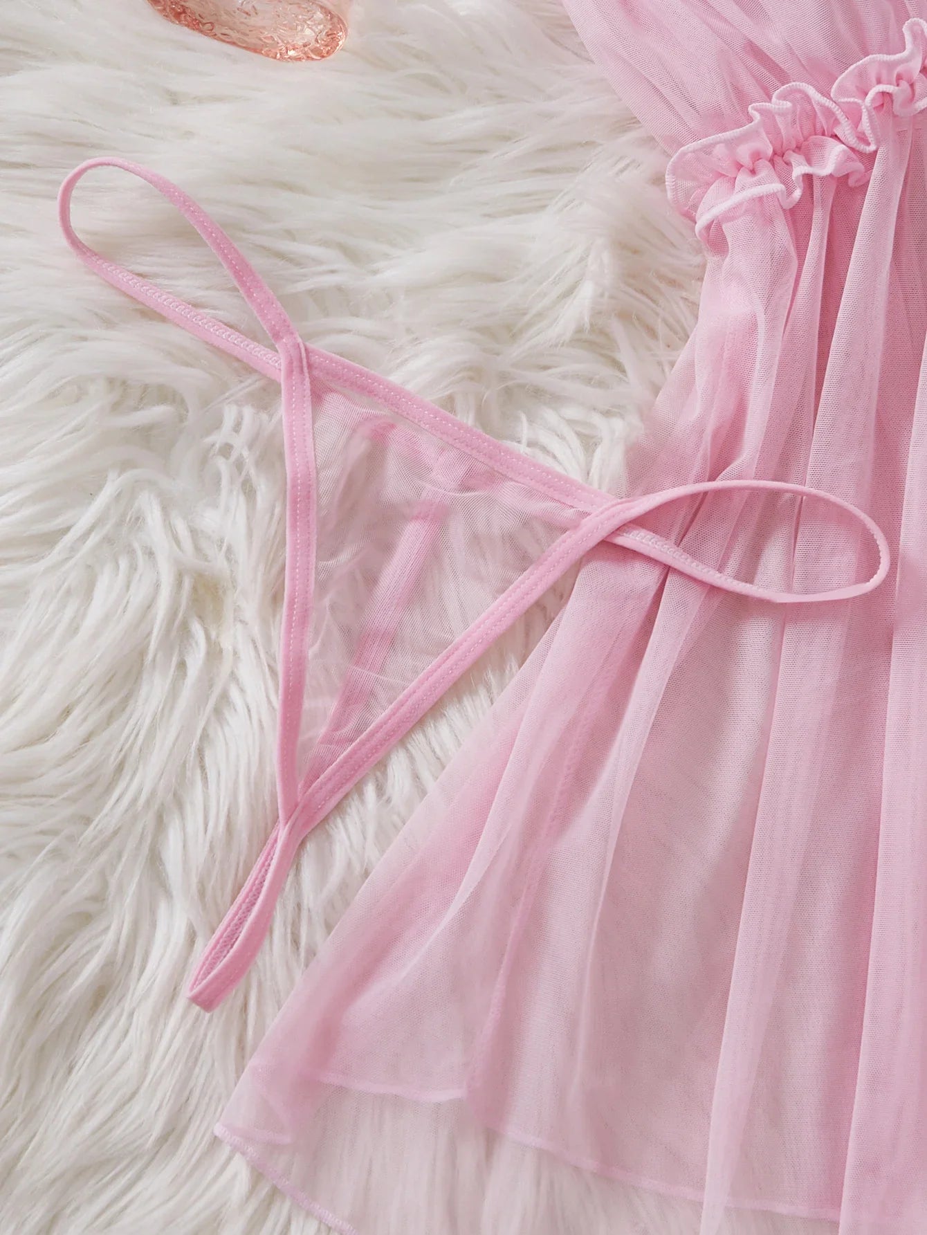 Perspective Mesh Nightdress Bow Wrapped Around Chest Pink Babydoll With Thong Erotic Lingerie Valentine Day Gift