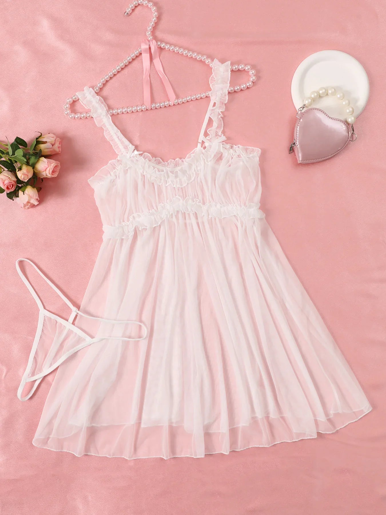 Perspective Mesh Nightdress Bow Wrapped Around Chest Pink Babydoll With Thong Erotic Lingerie Valentine Day Gift