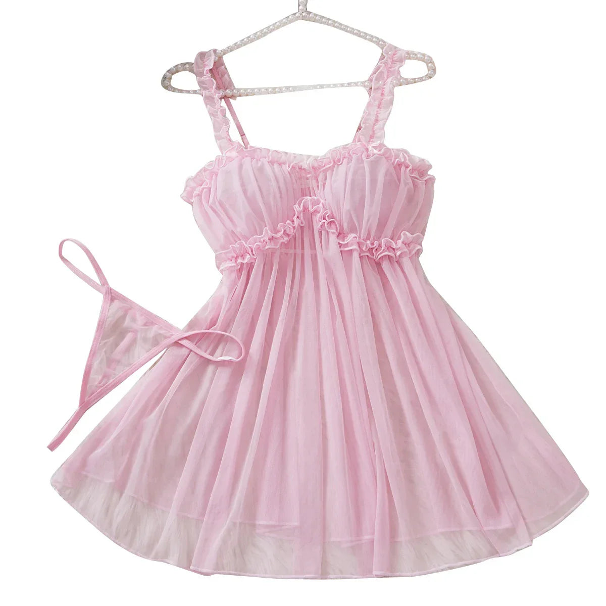 Perspective Mesh Nightdress Bow Wrapped Around Chest Pink Babydoll With Thong Erotic Lingerie Valentine Day Gift