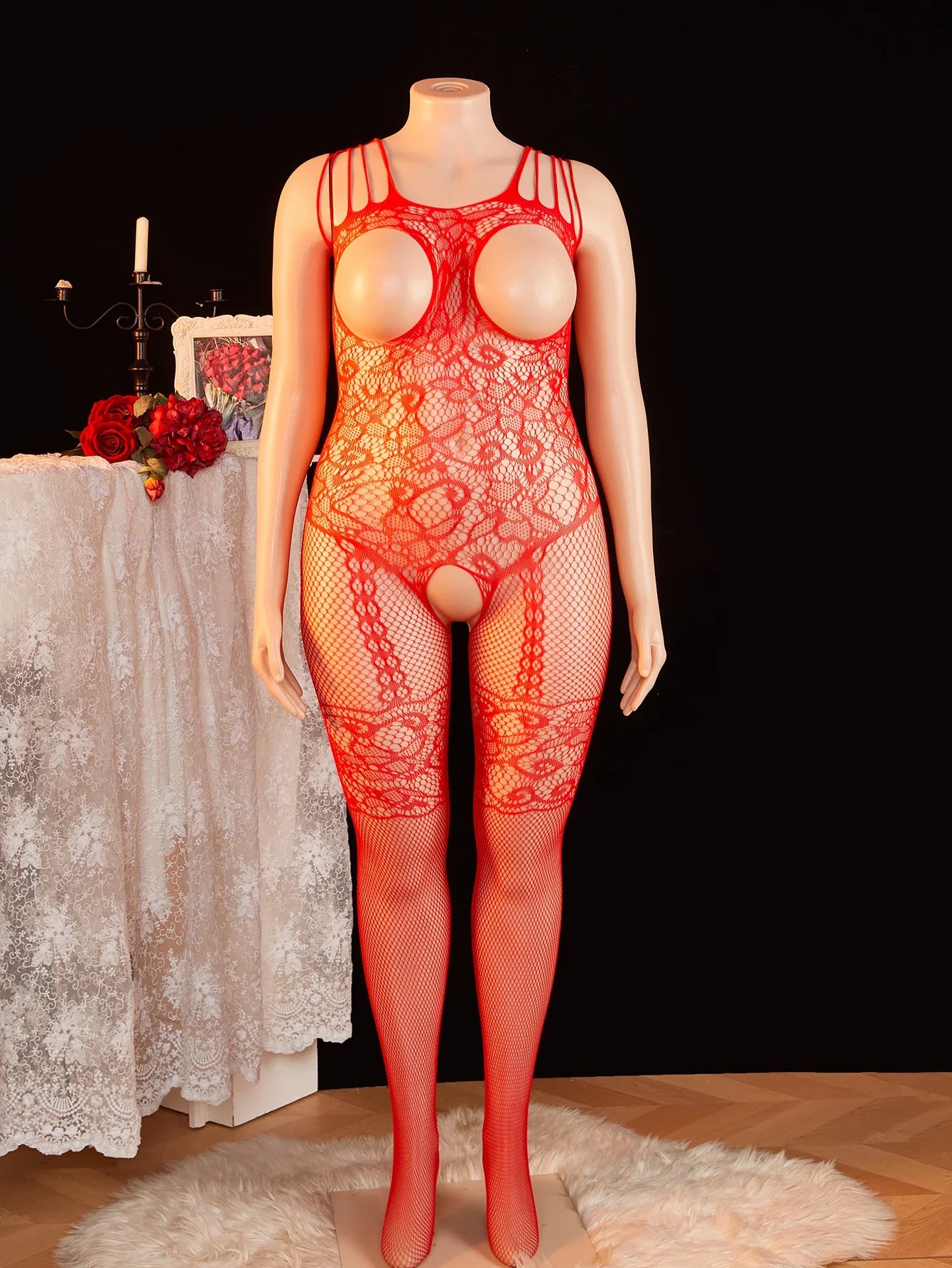 Plus Size Halter Fishnet Halter Bodysuit Open Crotch Chest Cutout Erotic Teddy Erotic Lingerie