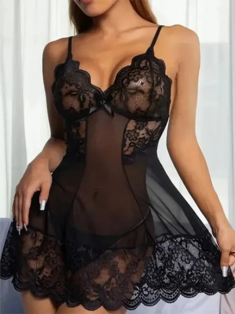 Porn Suit Lingerie Babydoll Backless See Through Lace Dress with Panties Set Exotic Sleepwear Underwear Chemises