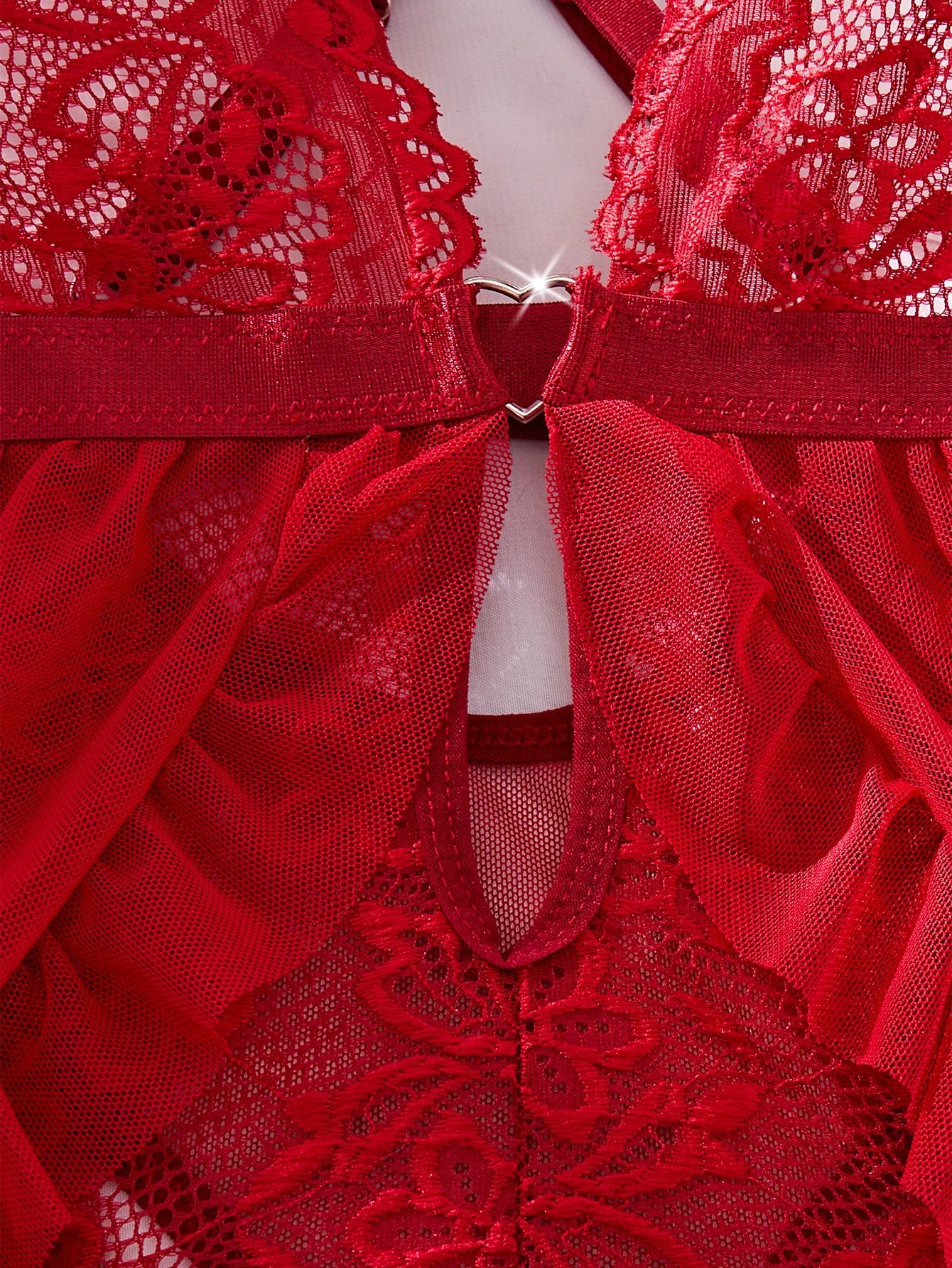 Red Bodysuit Mesh Lace Lingerie Deep V Backless Hollow Out Teddy