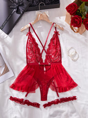 Red Bodysuit Mesh Lace Lingerie Deep V Backless Hollow Out Teddy