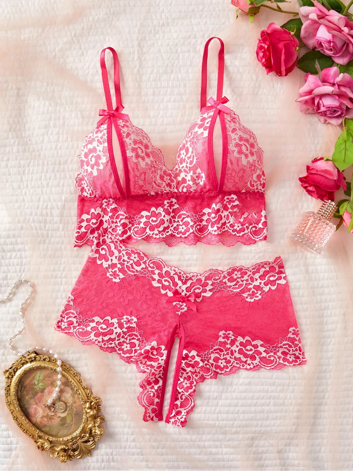 RedBra And Panty Set Underwear Lace Trim Sleepwear