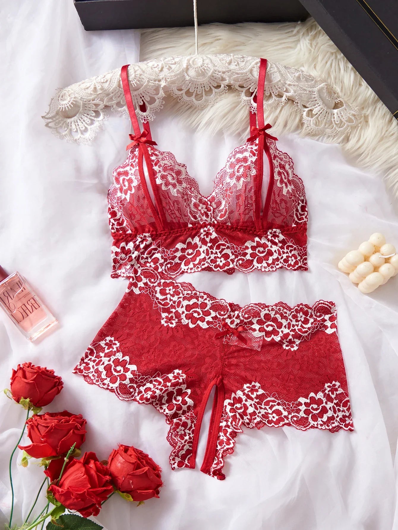 RedBra And Panty Set Underwear Lace Trim Sleepwear