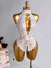 Romantic Halter Floral Lace Bodysuit Open Crotch Sheer Lingerie See Through Teddy Deep V Backless Slim Fit Nightwear