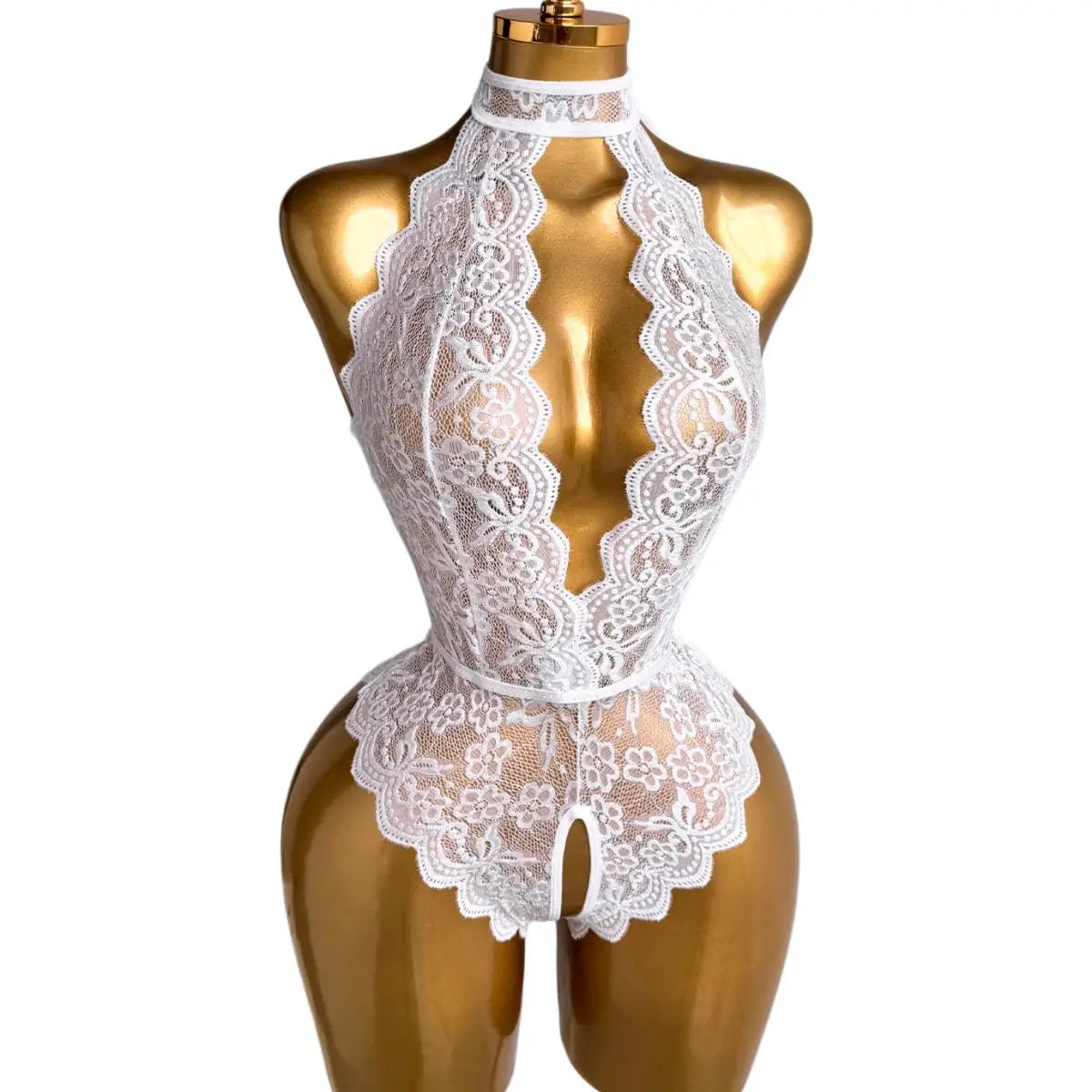 Romantic Halter Floral Lace Bodysuit Open Crotch Sheer Lingerie See Through Teddy Deep V Backless Slim Fit Nightwear