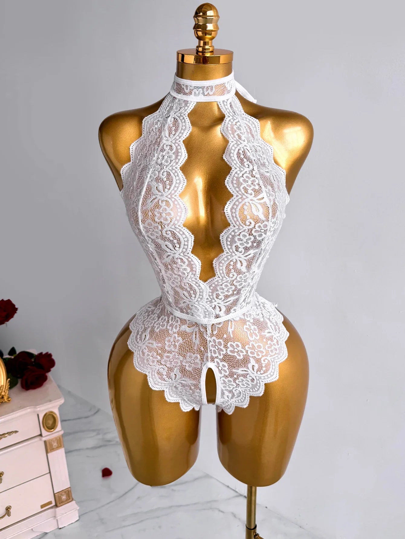 Romantic Halter Floral Lace Bodysuit Open Crotch Sheer Lingerie See Through Teddy Deep V Backless Slim Fit Nightwear