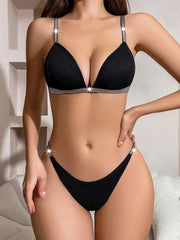Bra and Panty Set Triangle Cup Luxury Noble Threaded Silver Ribbon Thin Buckle Lingerie Underwear Set