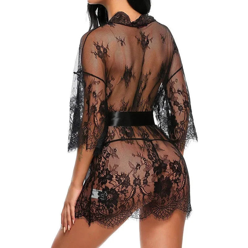 Lingerie Babydoll Erotic Transparent V-Neck Nightdress Robe G-string Costume Lace Sleepwear Dress