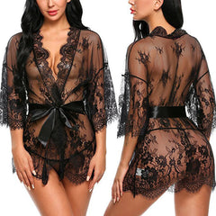 Lingerie Babydoll Erotic Transparent V-Neck Nightdress Robe G-string Costume Lace Sleepwear Dress