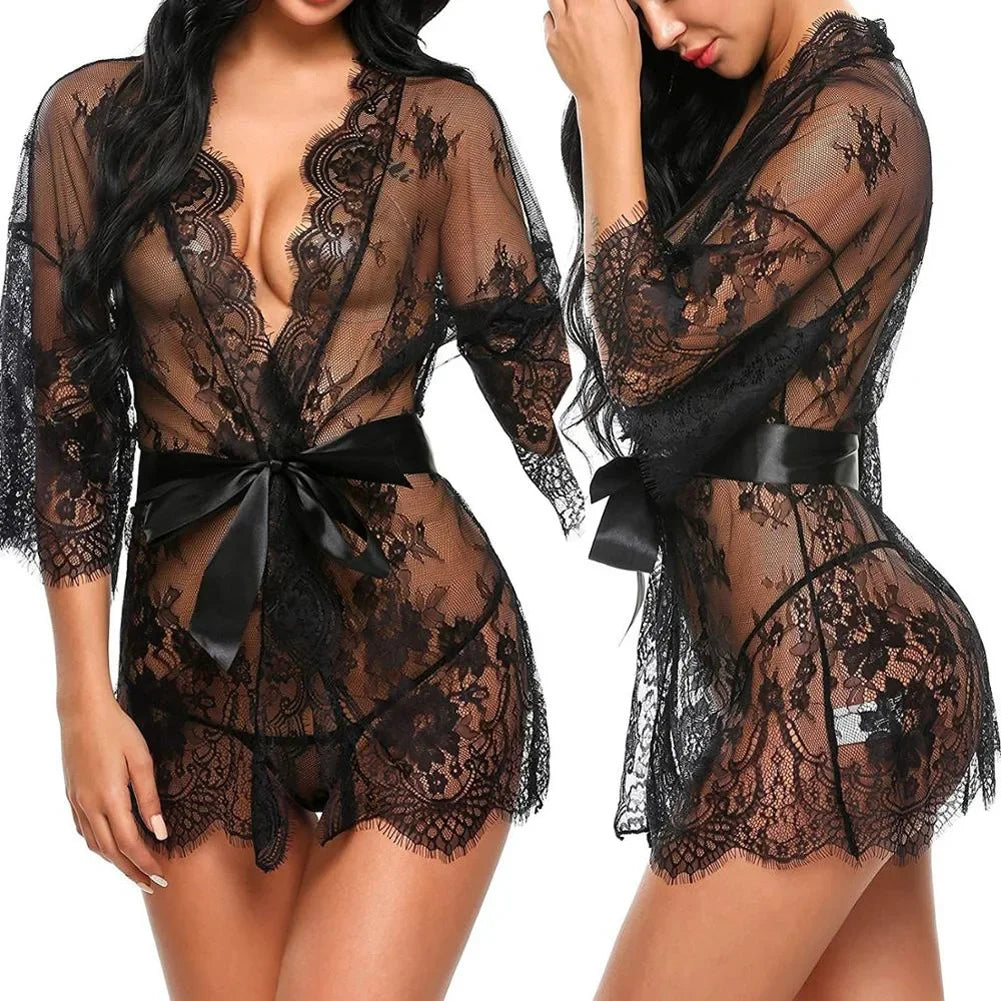 Lingerie Babydoll Erotic Transparent V-Neck Nightdress Robe G-string Costume Lace Sleepwear Dress