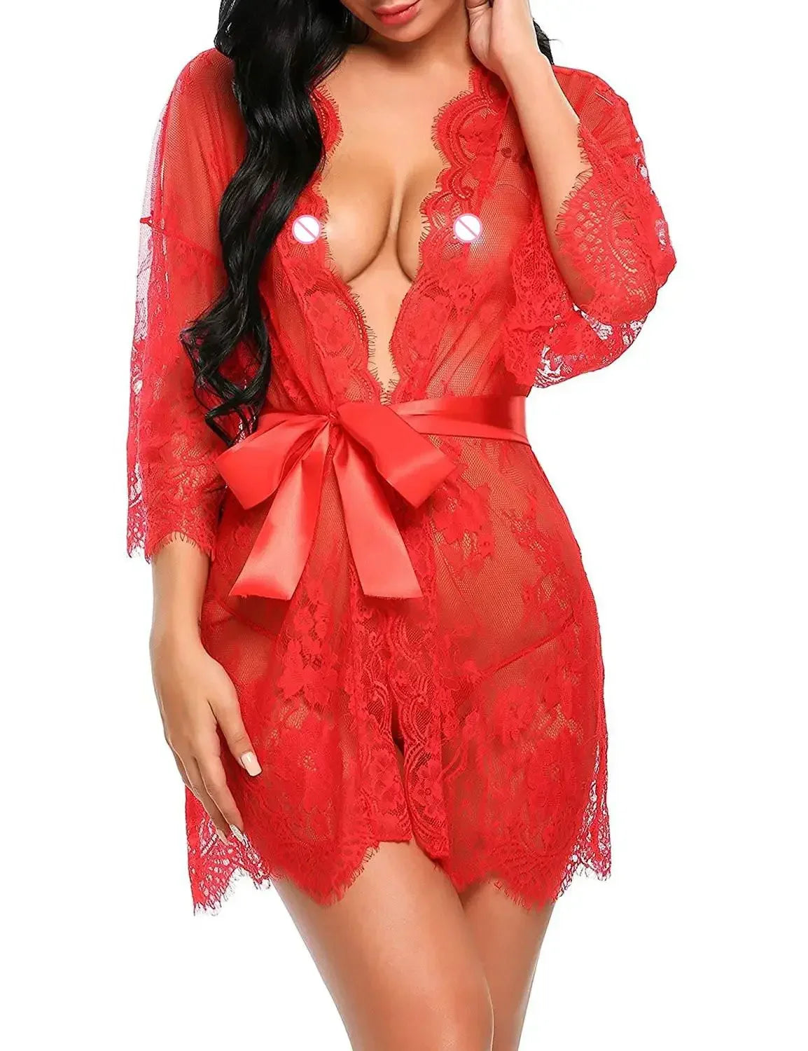 Lingerie Babydoll Erotic Transparent V-Neck Nightdress Robe G-string Costume Lace Sleepwear Dress