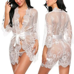Lingerie Babydoll Erotic Transparent V-Neck Nightdress Robe G-string Costume Lace Sleepwear Dress