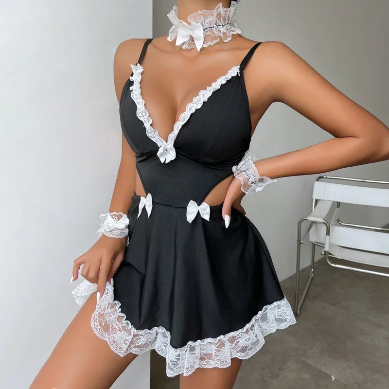 Lingerie Erotic Role Play Costume French Apron Maid Plunge Bra Cosplay Servant Lolita Babydoll Dress Uni