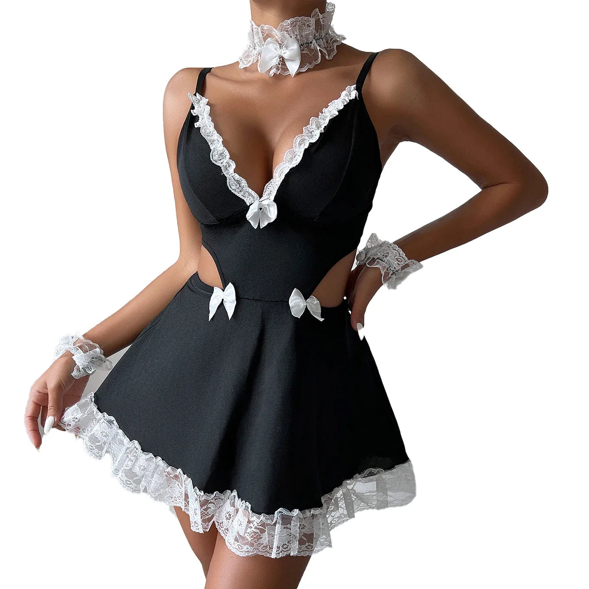 Lingerie Erotic Role Play Costume French Apron Maid Plunge Bra Cosplay Servant Lolita Babydoll Dress Uni