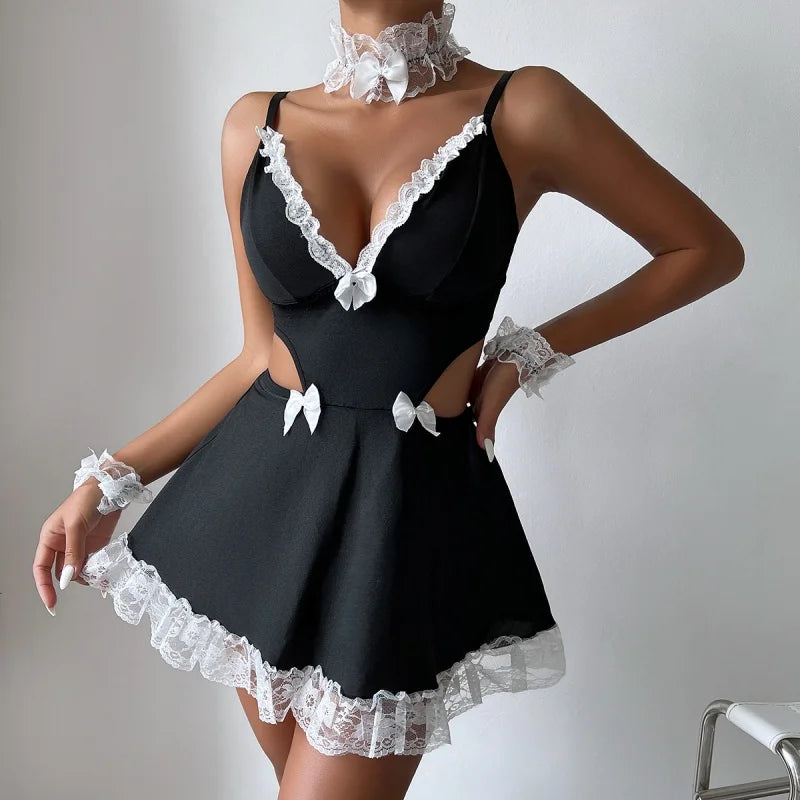 Lingerie Erotic Role Play Costume French Apron Maid Plunge Bra Cosplay Servant Lolita Babydoll Dress Uni