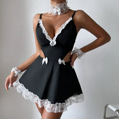 Lingerie Erotic Role Play Costume French Apron Maid Plunge Bra Cosplay Servant Lolita Babydoll Dress Uni