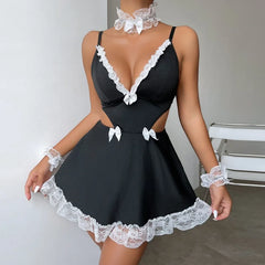 Lingerie Erotic Role Play Costume French Apron Maid Plunge Bra Cosplay Servant Lolita Babydoll Dress Uni