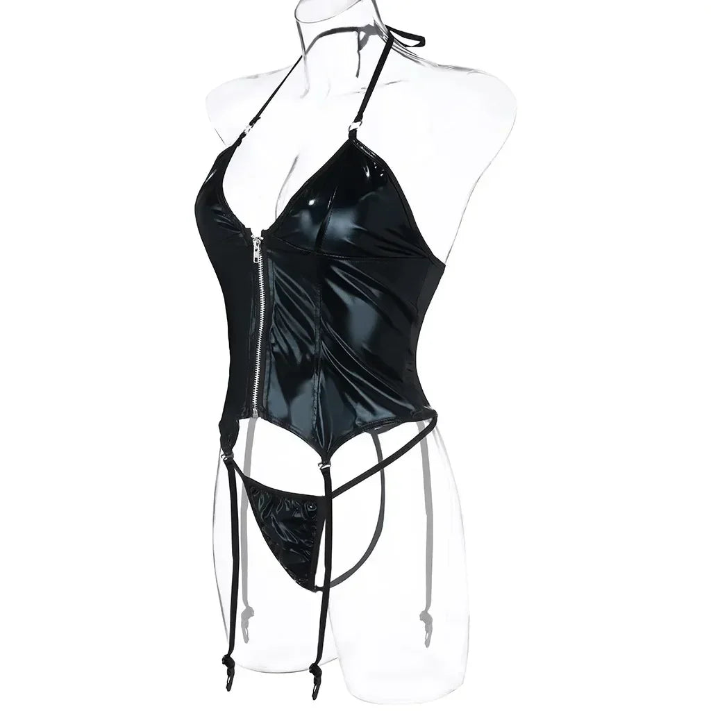Lingerie Erotic Underwear Black Crotchless Halter PU Leather Bodysuit with Panties Garters Exotic Set