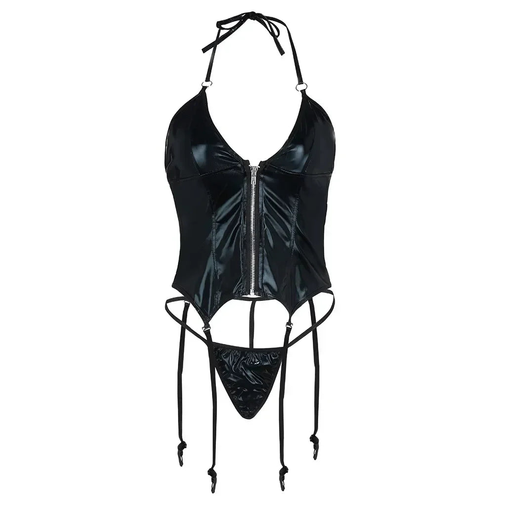 Lingerie Erotic Underwear Black Crotchless Halter PU Leather Bodysuit with Panties Garters Exotic Set