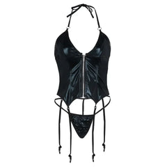 Lingerie Erotic Underwear Black Crotchless Halter PU Leather Bodysuit with Panties Garters Exotic Set