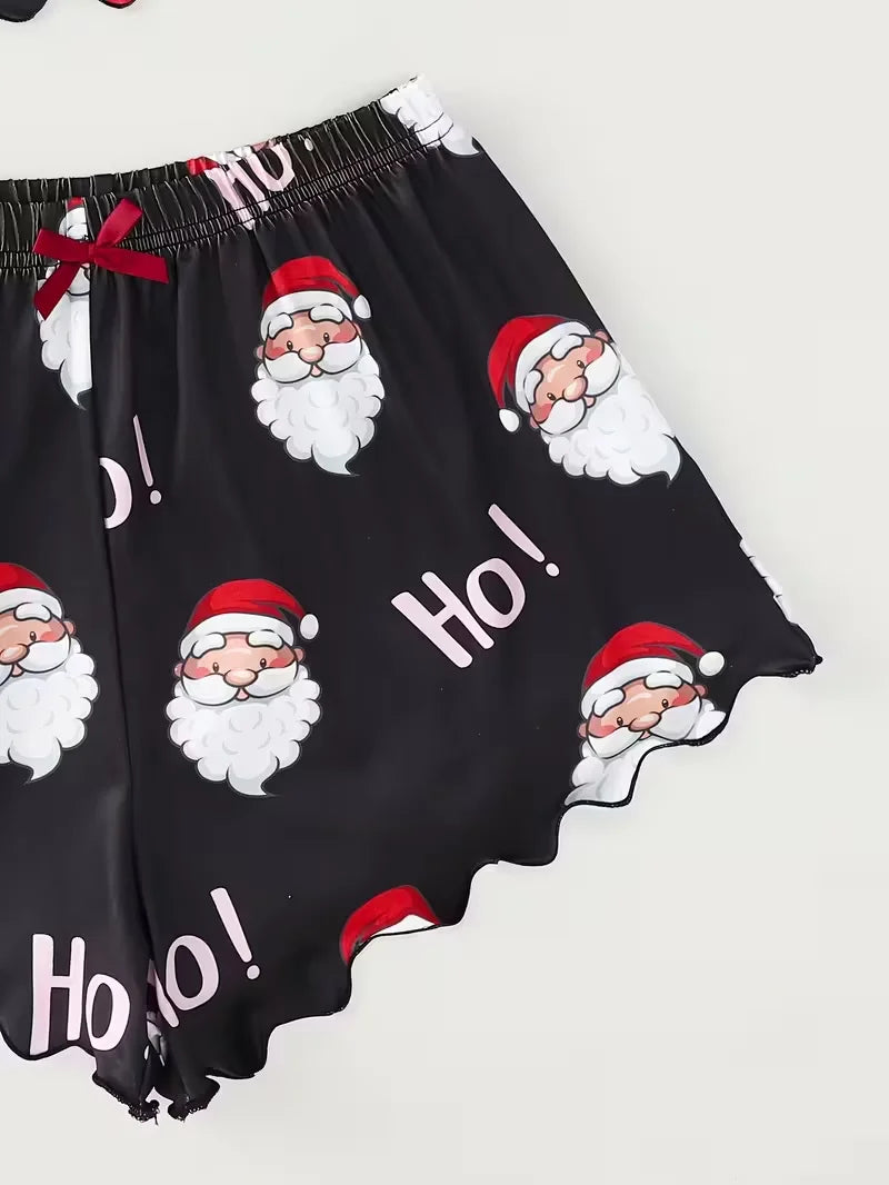 Sleepwear Christmas Santa Print Crew Neck Sleeveless with Spaghetti Strap Top and Shorts Pajama Set Loungewear