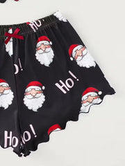 Sleepwear Christmas Santa Print Crew Neck Sleeveless with Spaghetti Strap Top and Shorts Pajama Set Loungewear