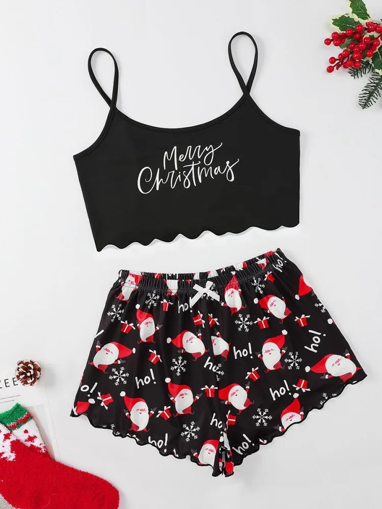 Sleepwear Christmas Santa Print Crew Neck Sleeveless with Spaghetti Strap Top and Shorts Pajama Set Loungewear