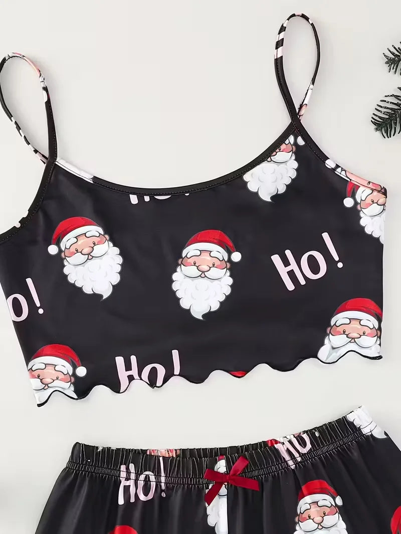 Sleepwear Christmas Santa Print Crew Neck Sleeveless with Spaghetti Strap Top and Shorts Pajama Set Loungewear