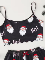 Sleepwear Christmas Santa Print Crew Neck Sleeveless with Spaghetti Strap Top and Shorts Pajama Set Loungewear