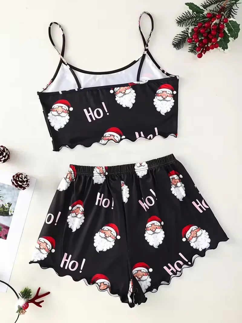 Sleepwear Christmas Santa Print Crew Neck Sleeveless with Spaghetti Strap Top and Shorts Pajama Set Loungewear
