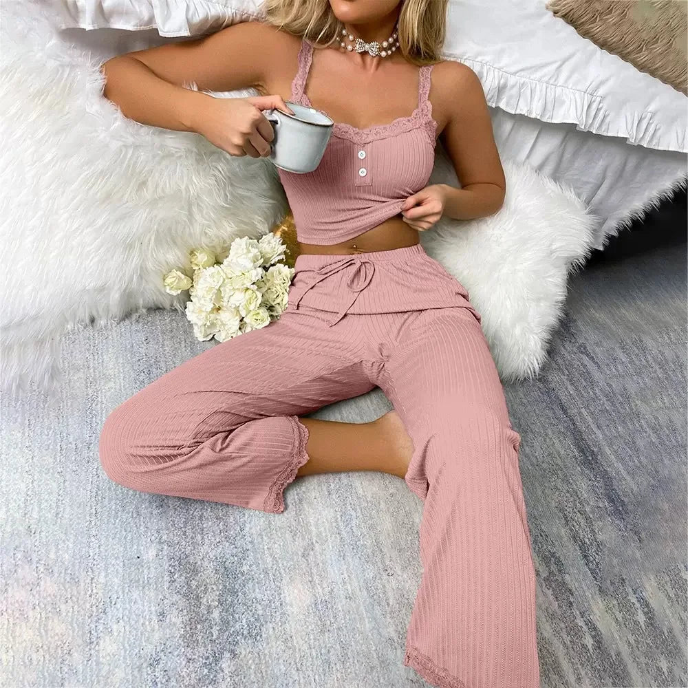 Sleepwear Lace Suspenders Tops and Long Trousers Set Two Pieces Pajamas Set Com