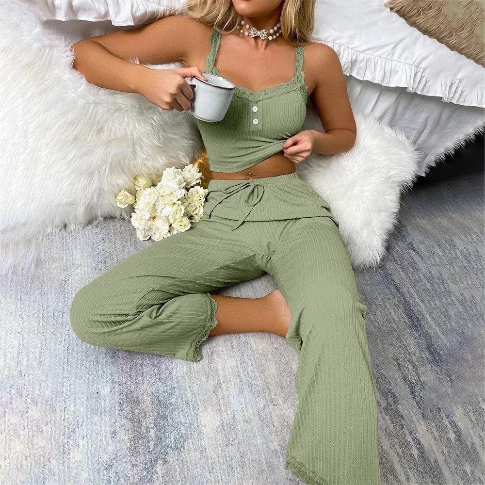 Sleepwear Lace Suspenders Tops and Long Trousers Set Two Pieces Pajamas Set Com