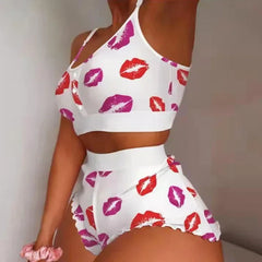 Sleepwear Lips Butterfly Print Home Suspended Pajamas Set Vest Bra Top Short Nightwear Lingerie Nightgown