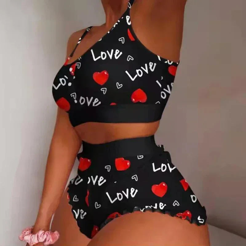 Sleepwear Lips Butterfly Print Home Suspended Pajamas Set Vest Bra Top Short Nightwear Lingerie Nightgown