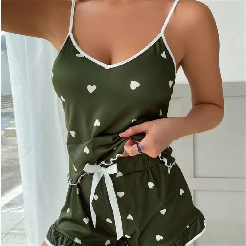 Sleepwear Summer 2 Piece Pajamas Set Spaghetti Strap Vest Top and Shorts Soft Casual Cute Printed Longewear