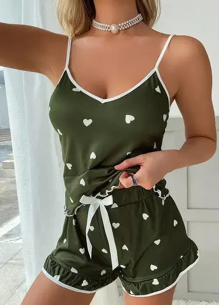 Sleepwear Summer 2 Piece Pajamas Set Spaghetti Strap Vest Top and Shorts Soft Casual Cute Printed Longewear