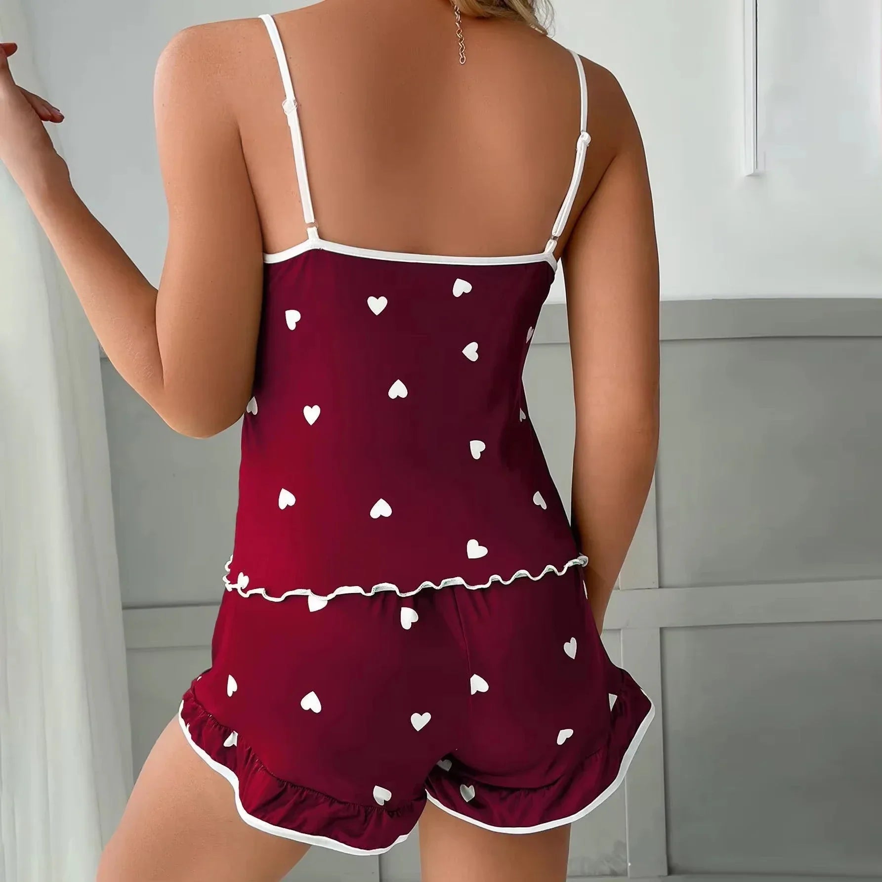 Sleepwear Summer 2 Piece Pajamas Set Spaghetti Strap Vest Top and Shorts Soft Casual Cute Printed Longewear