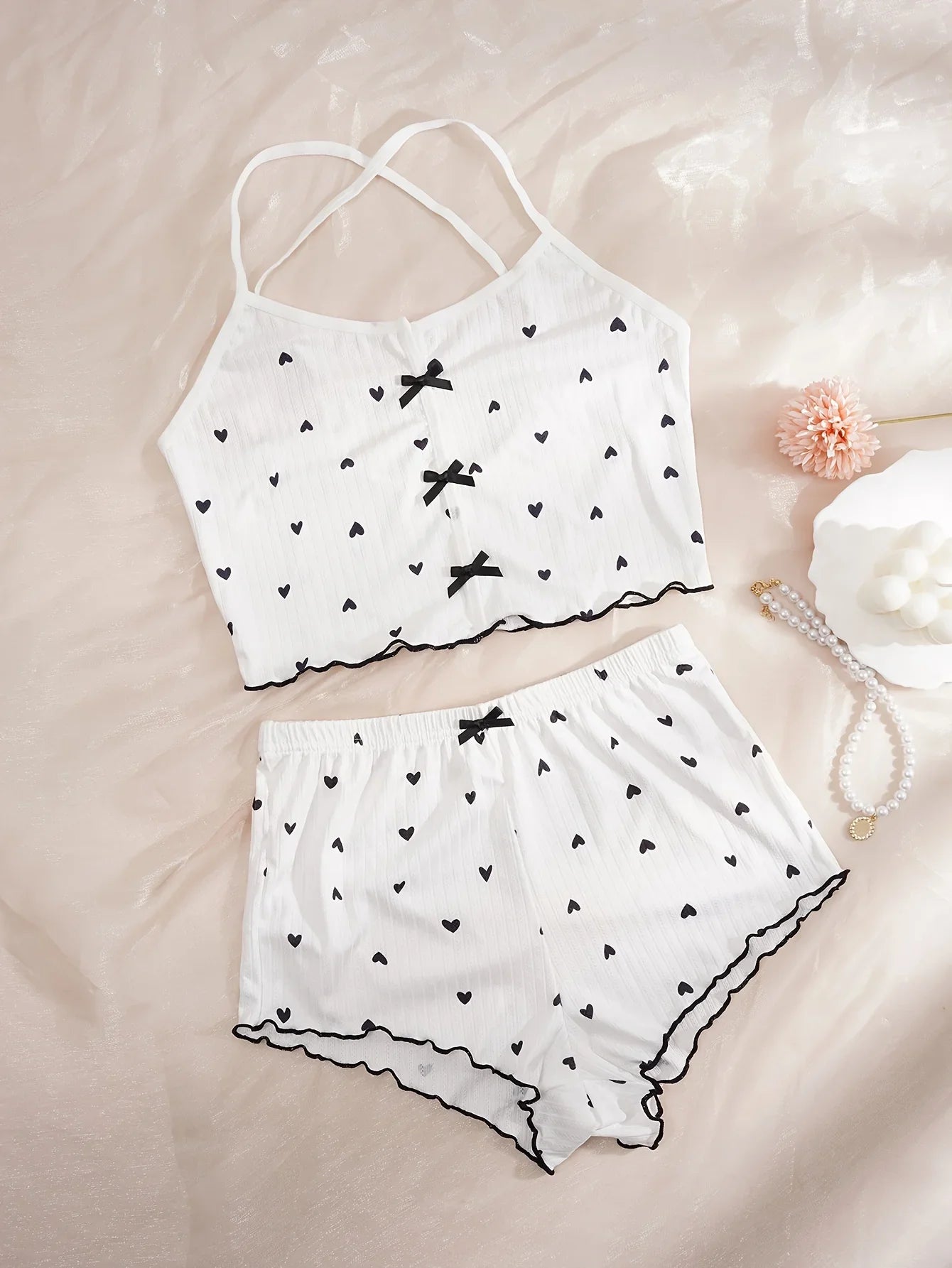 Sleepwear Summer Cute Heart Print Pajama Set Loungewear Crew Neck Crop Cami Top & Elastic Shorts