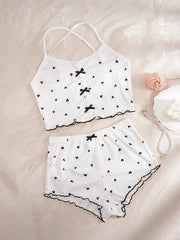 Sleepwear Summer Cute Heart Print Pajama Set Loungewear Crew Neck Crop Cami Top & Elastic Shorts