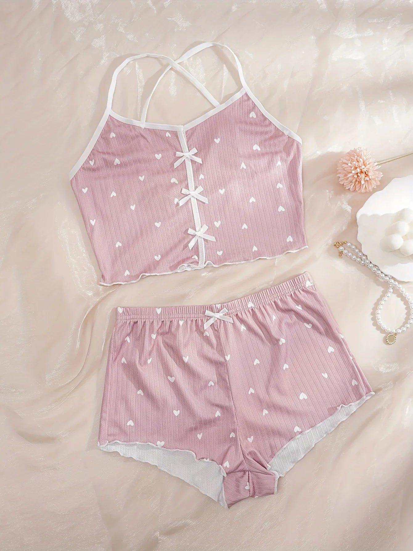 Sleepwear Summer Cute Heart Print Pajama Set Loungewear Crew Neck Crop Cami Top & Elastic Shorts